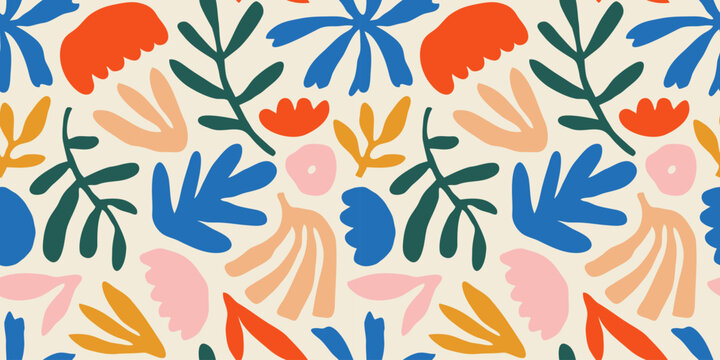 Colorful flower seamless pattern illustration. Children style floral doodle background, funny basic nature shapes wallpaper.