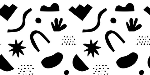 Abstract modern art seamless pattern with black and white doodles. Organic flat cartoon background, simple random shapes in bright childish colors. 
