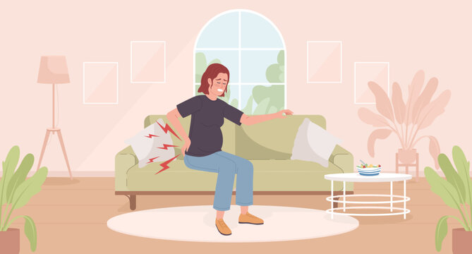 Pregnancy backaches flat color vector illustration. Pregnant woman on sofa struggling with lower back pain. Hero image. Fully editable 2D simple cartoon character with living room on background