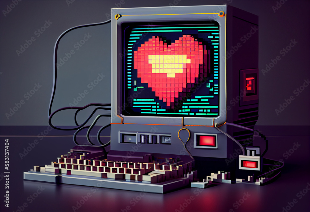 Aufkleber Retro computer graphics and pixel art featuring. Generative AI technology