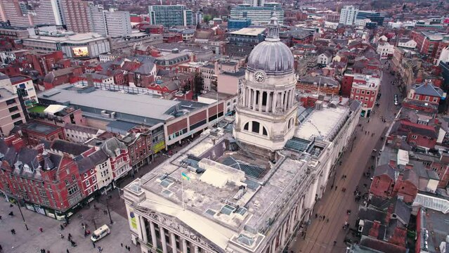 scenic aerial shot of the Old Market Square in Nottingham, United Kingdom, drone shot. High quality 4k footage