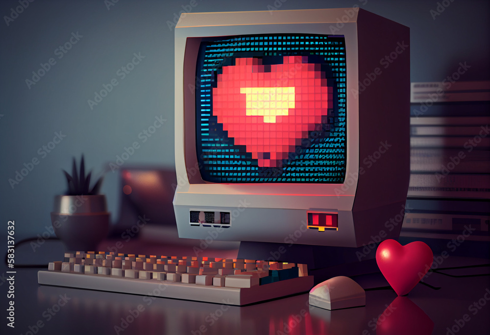 Aufkleber Retro computer graphics and pixel art featuring. Generative AI technology