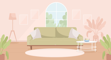 Sage green and pink contemporary living room flat color vector illustration. Spacious modern house. Fully editable 2D simple cartoon interior with apartment furniture and accessories on background - obrazy, fototapety, plakaty