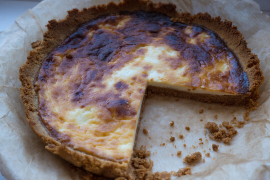 Homemade Cheesecake Photographed From Above. Homemade Baking. Food Photo.