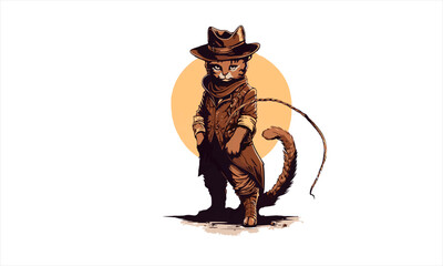 funny kitten cat cowboy with fedora  hat dressed as Indiana Jones vector illustration - obrazy, fototapety, plakaty
