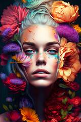 Fashion portrait of woman with colorful flowers. Inspiration of spring and summer. Beauty, flowers, makeup, perfume and cosmetics concept. AI generative.