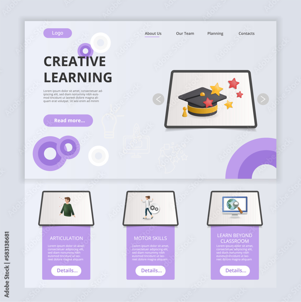 Poster creative learning flat landing page website template. articulation, motor skills, learn beyond class