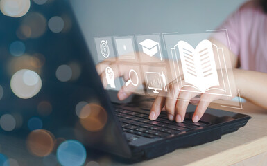 E-learning education, internet lessons and online webinar. Person who attends online lessons on a digital screen.Education internet Technology.