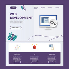 Fototapeta na wymiar Web development flat landing page website template. Branding, 3D, mobile app. Web banner with header, content and footer. Vector illustration.