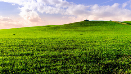 landscape with green grass , country field and beautiful hills and blue sky with clouds