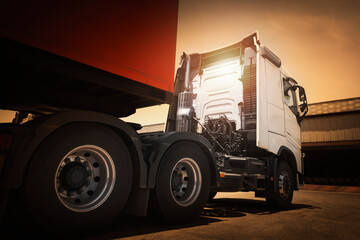 Semi Trailer Trucks on The Parking Lot. Tractor Truck Wheels Tires. Trucking. Shipping Lorry Diesel Trucks. Freight Truck Logistics Transport	
