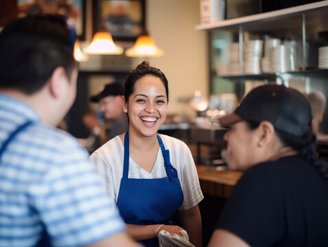 Smiling waitress in apron serving customers in coffee shop. Selective focus. Generative AI