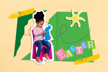 Collage photo poster postcard greeting card of beautiful cute pretty little girl have fun kindergarten isolated on drawing background