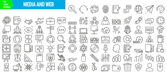 set of 99 media and web line icons. Big data, UI, SEO, promotion, Processing, Productivity vector illustration