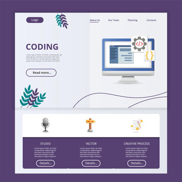 Coding flat landing page website template. Studio, vector, creative process. Web banner with header, content and footer. Vector illustration.