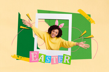 Colorful collage poster brochure picture postcard of cheerful girl rejoice good mood holiday event...