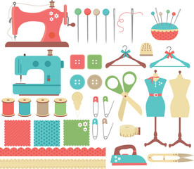 Set of beautiful sewing clipart. Set of various sewing tools and accessories. Sewing accessories.
