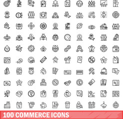 Fototapeta na wymiar 100 commerce icons set. Outline illustration of 100 commerce icons vector set isolated on white background