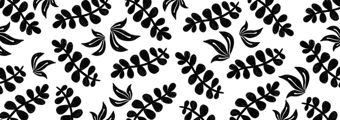 Doodle black and white background with cute hand drawn lafs, flowers, birds and elements. Hand drawn texture for fabric, wrapping, textile, label, wallpaper.