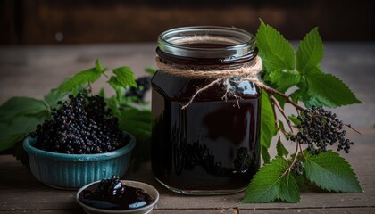 Fototapeta na wymiar A Jar Of Elderberry Jam With A Sprig Of Fresh Mint On Top On A Wooden Table . Generative AI
