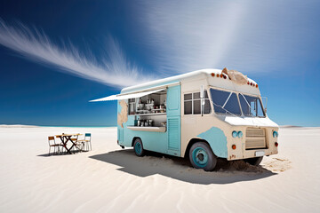 A Food Truck Parked On A Deserted Beach, With The Sand And Sea Providing A Tranquil Background . Generative AI