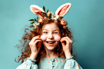 Happy child girl with bunny ears holding Easter eggs at face on blue background. Generative AI