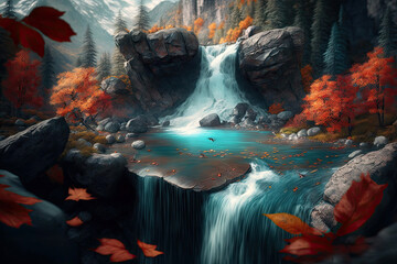 Fototapeta na wymiar A Mesmerizing Waterfall Surrounded By Colorful Foliage . Generative AI