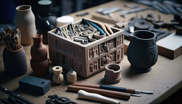 A Box Of Clay And Sculpting Tools On A Table . Generative AI