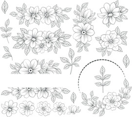 Drawn flower arrangements., set of floral elements