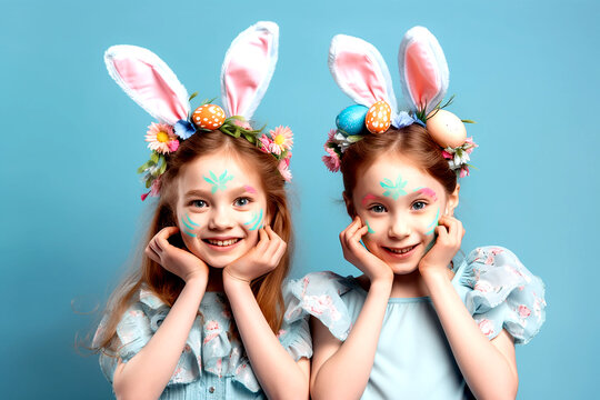 Two cheerful  girls with bunny ears holding Easter eggs at face on blue background. Generative AI