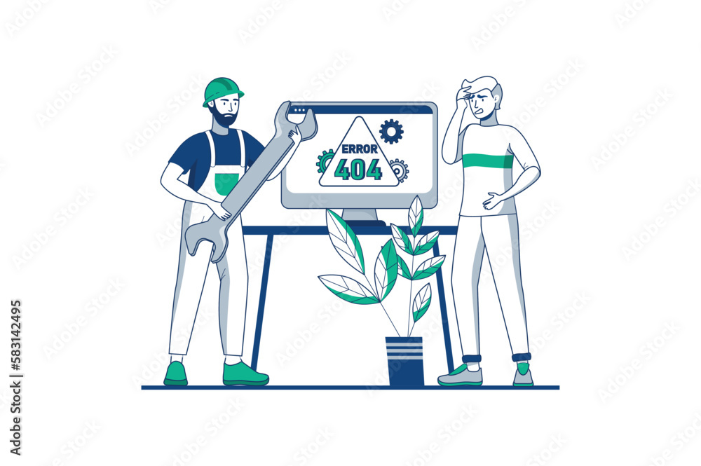 Poster blue outline concept 404 not found with people scene in the flat cartoon design. team of programming