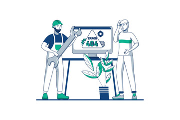Blue outline concept 404 not found with people scene in the flat cartoon design. Team of programming specialists is fixing an error that occurred in the computer. Vector illustration.