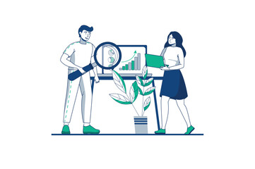 Data analysis blue outline concept with people scene in the flat cartoon design. Team of specialists gathered to analyze the data presented in the tables. Vector illustration.