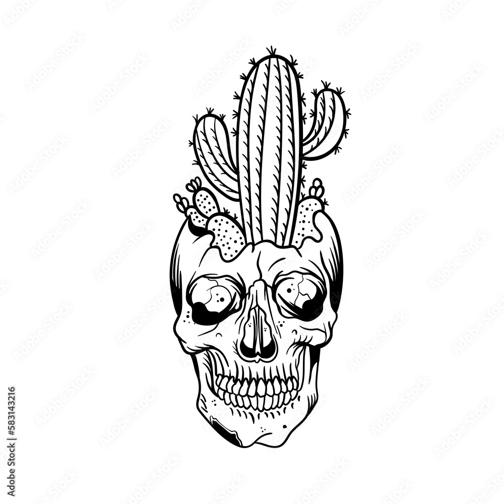 Wall mural hand drawn illustration of skull head and cactus outline design