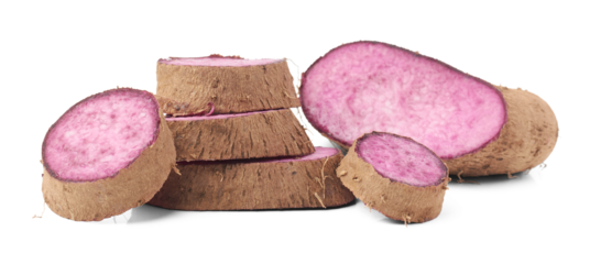 purple yam slices isolated, dioscorea alata, aka ube, violet yam, water or greater yam, purple-fleshed tubers used in cuisine and traditional medicine