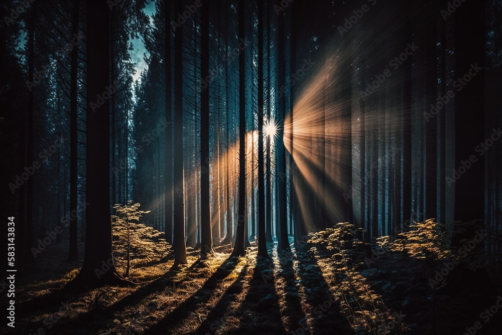 Poster sunlight shining down on a dense grove of trees generative ai