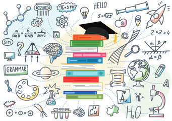 Education concept. School subjects doodle with stack of books and academic cap. Textbooks stack.  - obrazy, fototapety, plakaty