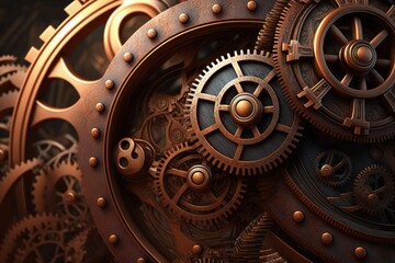 Steampunk machine gears, background with old gears, Generative AI