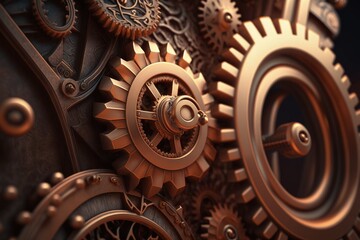 Steampunk machine gears, background with old gears, Generative AI