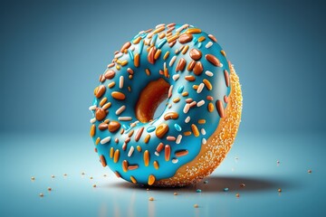 Donut with blue icing and sprinkles isolated on blue background, Generative AI