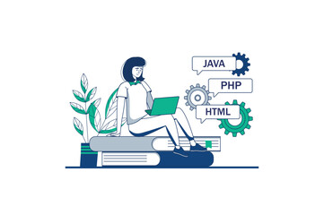 Programing software blue outline concept with people scene in the flat cartoon design. Programmer works on improving the software for her laptop. Vector illustration.