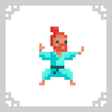 Karate fighter. Judo sportsman in kimono in pixel art
