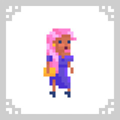Fototapeta premium Fashion girl with pink hair in purple dress. Female character in pixel art