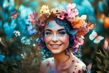 Portrait of beautiful smiling woman flower fairy, relaxing in colorful flower bed. Generative AI