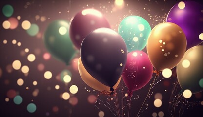 Colorful party balloons on bokeh background, Generative AI