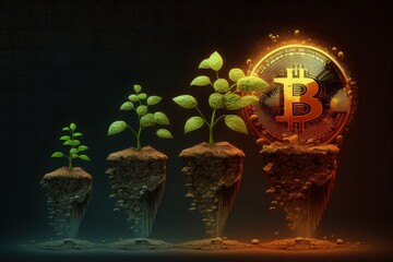 Bitcoin plant, stages of bitcoin growth in plant form, black background, Generative AI