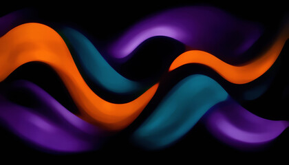 Digital art. Colorful pattern. Graphic painting. Bright illustration with orange violet green twisted waves in motion on black composition background.
