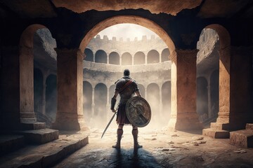 Roman gladiator inside the coliseum, Gladiator inside battle arena, Generative AI