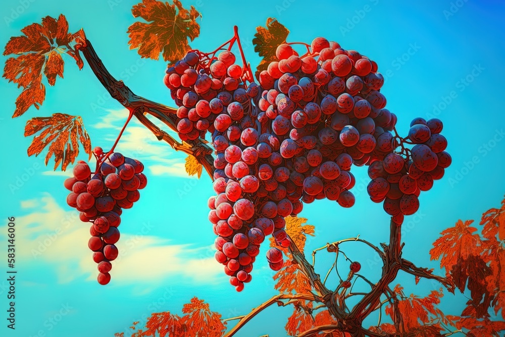 Poster sky and a bunch of red grapes on a tree. generative ai