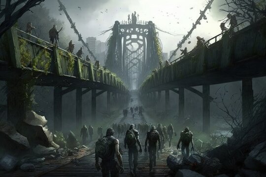 Horde of zombies passing over bridge in post apocalyptic world, zombie apocalypse background, Generative AI